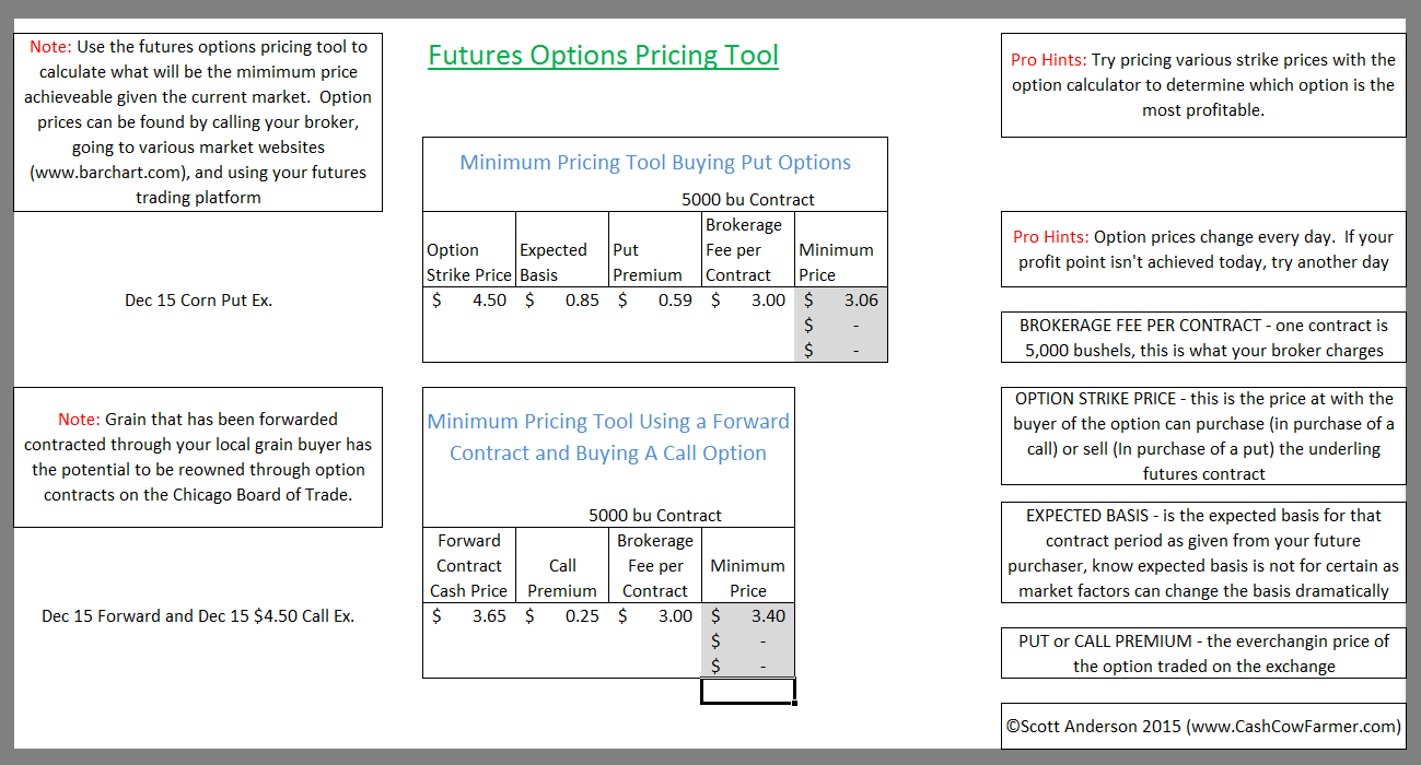 futures options pricing tool for grain markets
